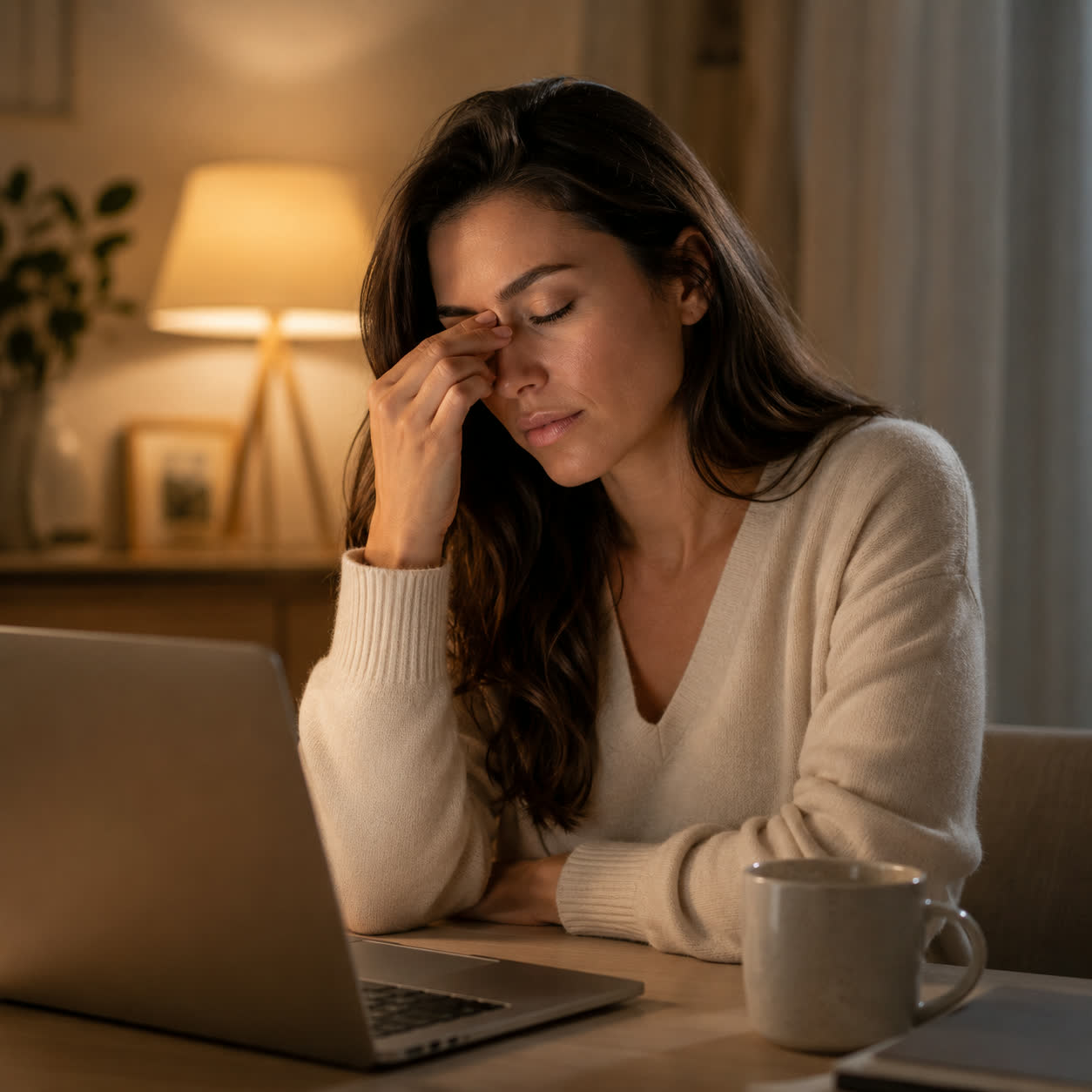 Persoon met vermoeide ogen achter laptop in warme avondsetting